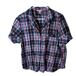 Victoria's Secret Pajama Top Women's Medium Plaid Button Up Short Sleeve